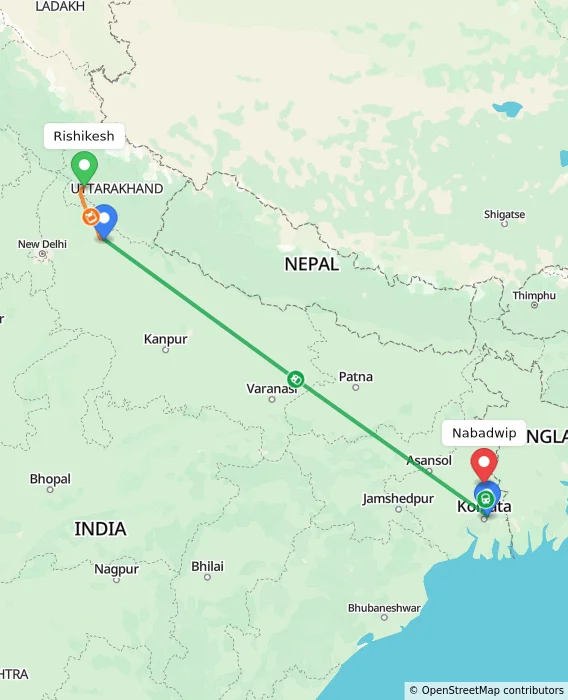 Route map showing distance and travel time from Rishikesh, India to Nabadwip, India