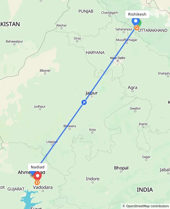 Route map showing distance and travel time from Rishikesh, India to Nadiad, India