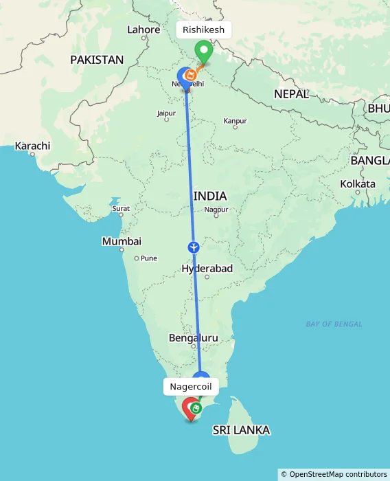 Route map showing distance and travel time from Rishikesh, India to Nagercoil, India