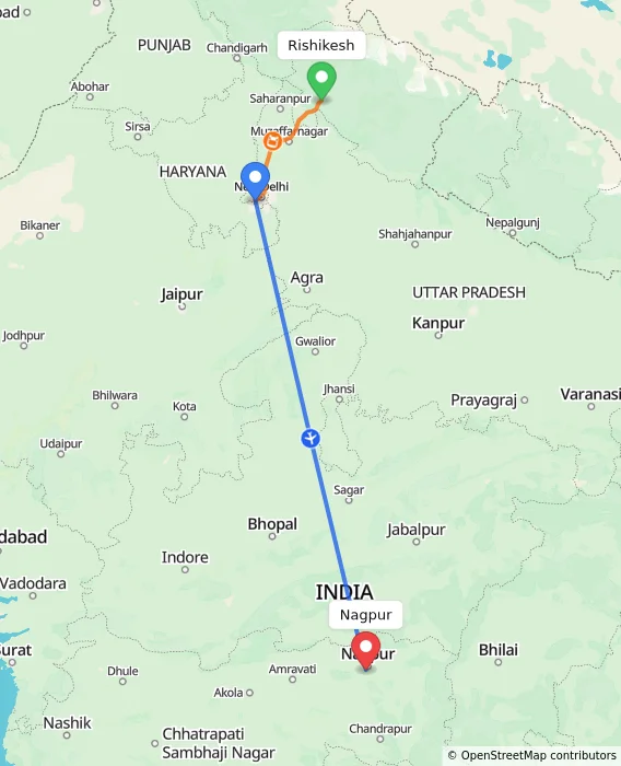 Route map showing distance and travel time from Rishikesh, India to Nagpur, India