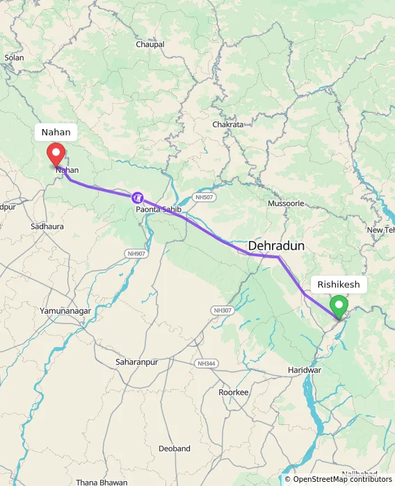 Route map showing distance and travel time from Rishikesh, India to Nahan, India