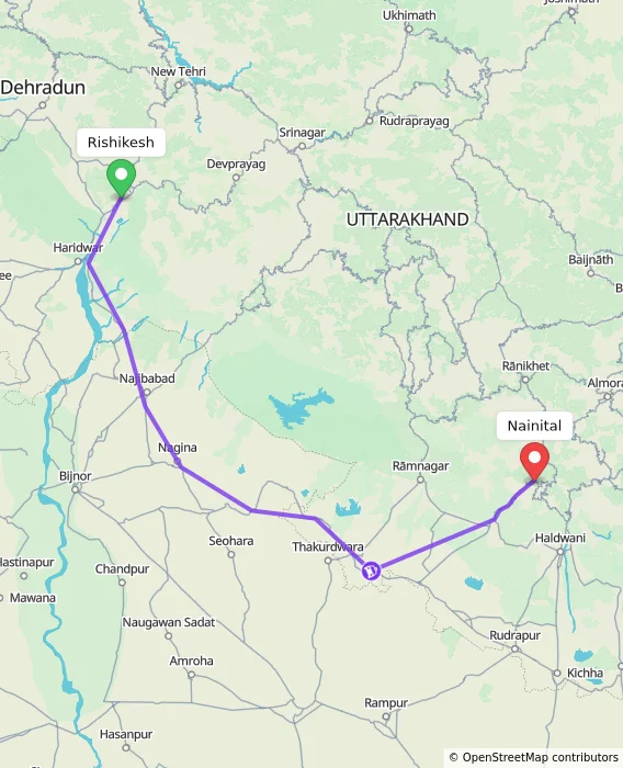 Route map showing distance and travel time from Rishikesh, India to Nainital, India