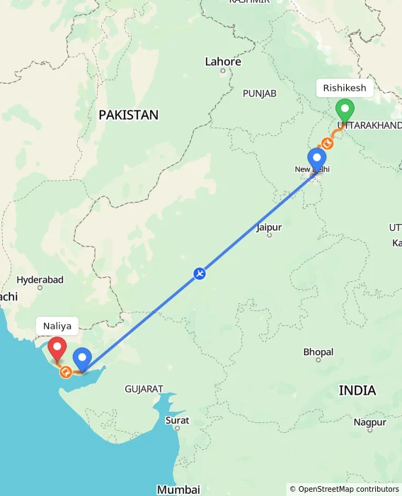 Route map showing distance and travel time from Rishikesh, India to Naliya, India