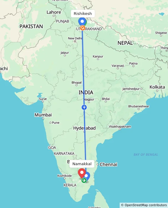Route map showing distance and travel time from Rishikesh, India to Namakkal, India