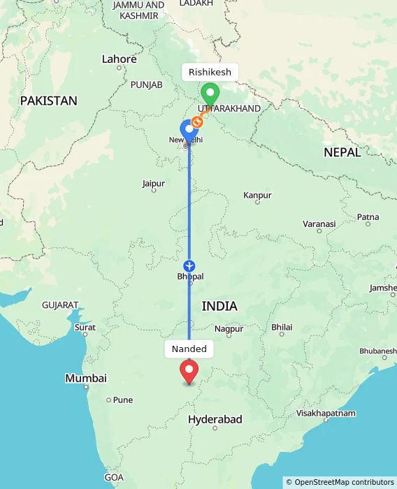Route map showing distance and travel time from Rishikesh, India to Nanded, India