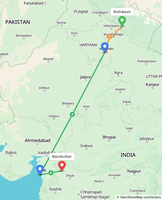 Route map showing distance and travel time from Rishikesh, India to Nandurbar, India