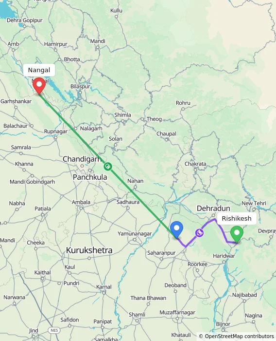 Route map showing distance and travel time from Rishikesh, India to Nangal, India