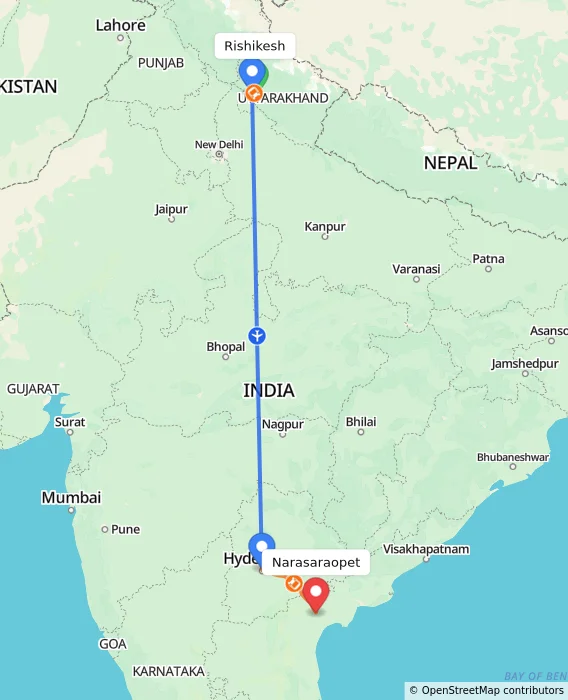 Route map showing distance and travel time from Rishikesh, India to Narasaraopet, India