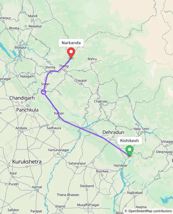 Route map showing distance and travel time from Rishikesh, India to Narkanda, India