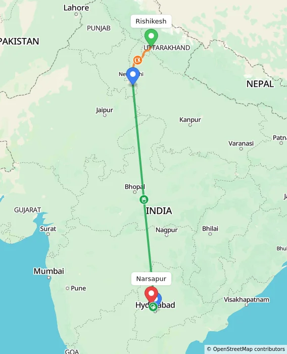 Route map showing distance and travel time from Rishikesh, India to Narsapur, India