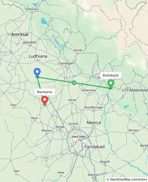 Route map showing distance and travel time from Rishikesh, India to Narwana, India