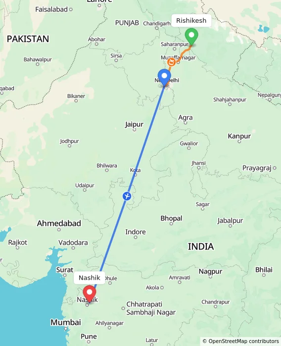 Route map showing distance and travel time from Rishikesh, India to Nashik, India