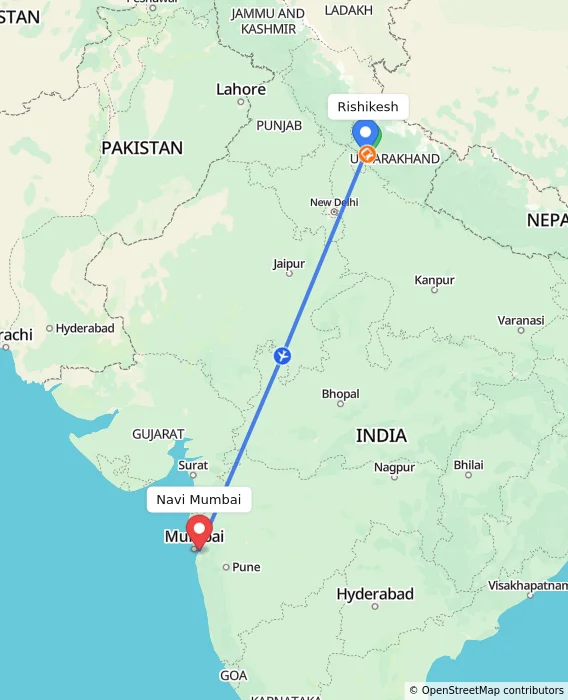 Route map showing distance and travel time from Rishikesh, India to Navi Mumbai, India