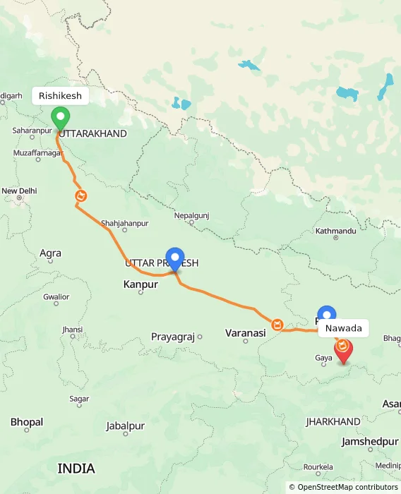 Route map showing distance and travel time from Rishikesh, India to Nawada, India