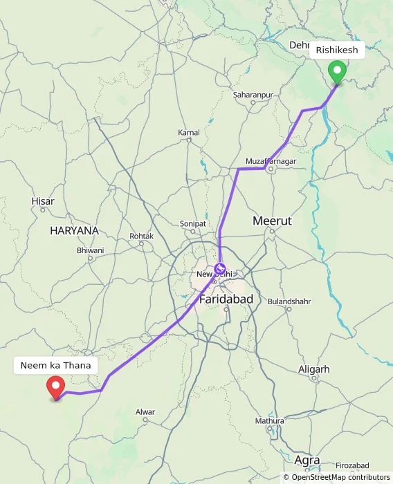 Route map showing distance and travel time from Rishikesh, India to Neem ka Thana, India