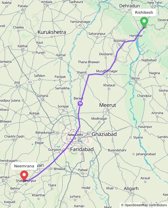 Route map showing distance and travel time from Rishikesh, India to Neemrana, India