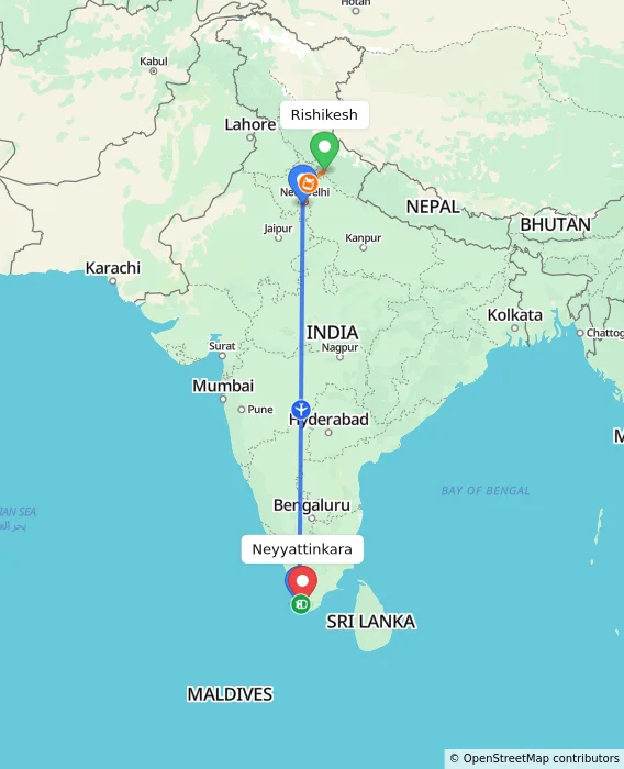 Route map showing distance and travel time from Rishikesh, India to Neyyattinkara, India