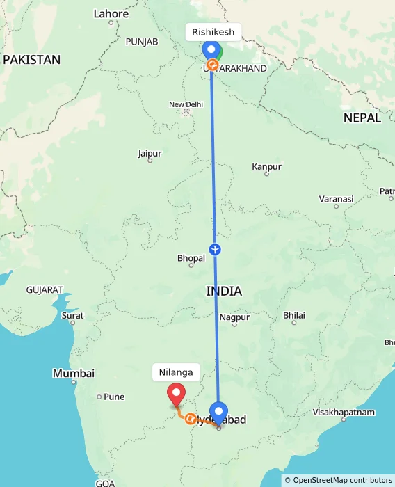 Route map showing distance and travel time from Rishikesh, India to Nilanga, India
