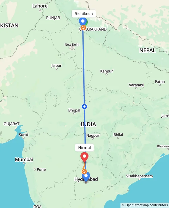 Route map showing distance and travel time from Rishikesh, India to Nirmal, India