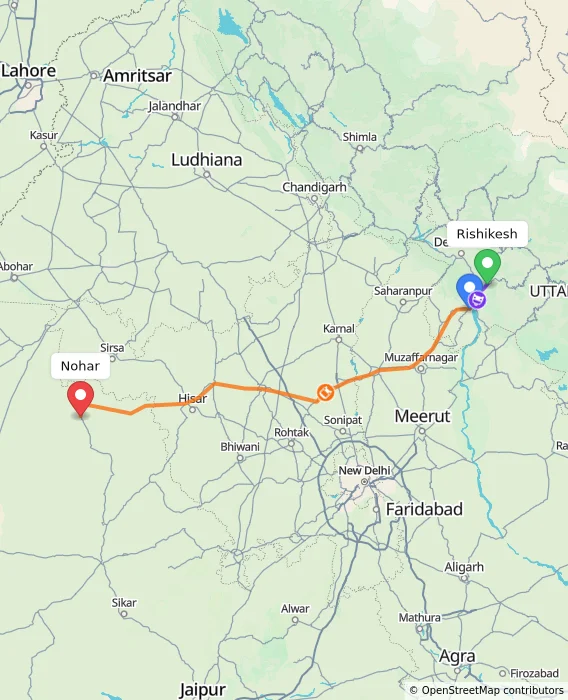 Route map showing distance and travel time from Rishikesh, India to Nohar, India