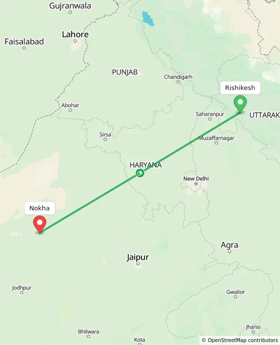 Route map showing distance and travel time from Rishikesh, India to Nokha, India