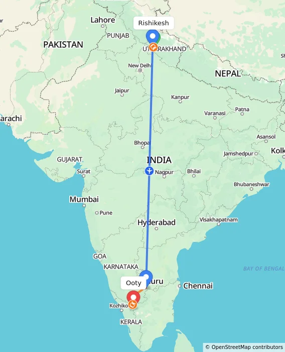 Route map showing distance and travel time from Rishikesh, India to Ooty, India
