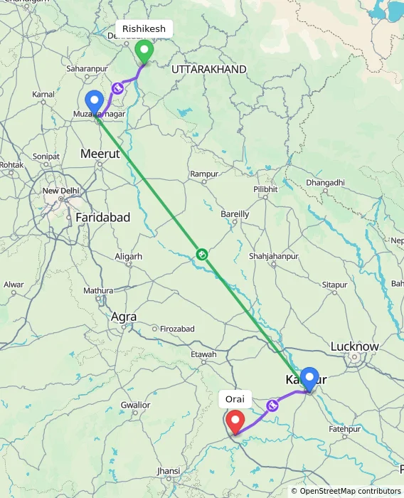 Route map showing distance and travel time from Rishikesh, India to Orai, India