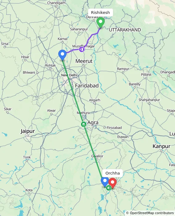 Route map showing distance and travel time from Rishikesh, India to Orchha, India