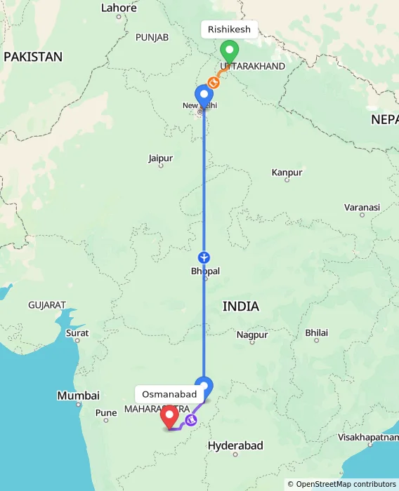 Route map showing distance and travel time from Rishikesh, India to Osmanabad, India
