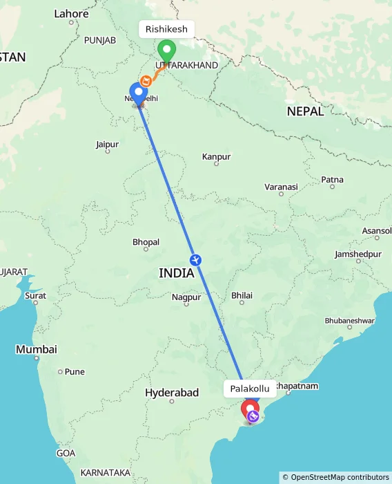 Route map showing distance and travel time from Rishikesh, India to Palakollu, India