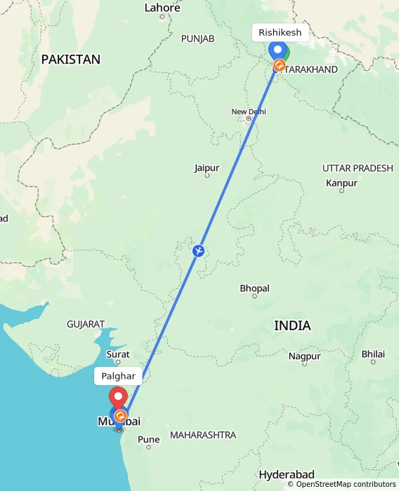 Route map showing distance and travel time from Rishikesh, India to Palghar, India