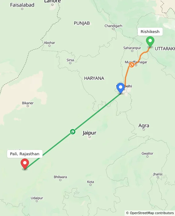 Route map showing distance and travel time from Rishikesh, India to Pali, Rajasthan, India
