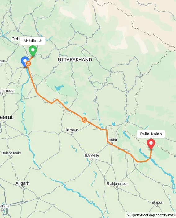 Route map showing distance and travel time from Rishikesh, India to Palia Kalan, India