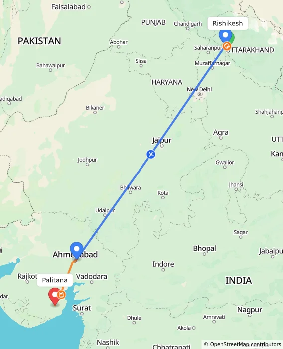 Route map showing distance and travel time from Rishikesh, India to Palitana, India