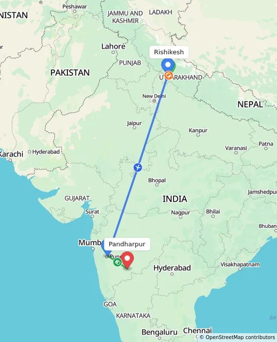 Route map showing distance and travel time from Rishikesh, India to Pandharpur, India
