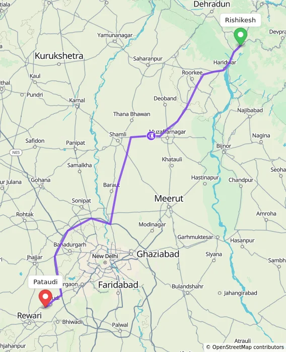 Route map showing distance and travel time from Rishikesh, India to Pataudi, India