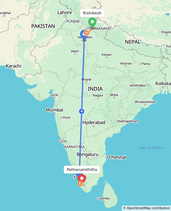 Route map showing distance and travel time from Rishikesh, India to Pathanamthitta, India