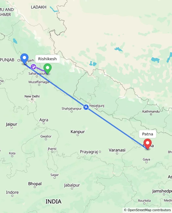 Route map showing distance and travel time from Rishikesh, India to Patna, India