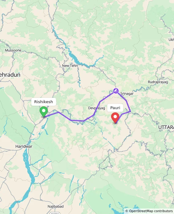 Route map showing distance and travel time from Rishikesh, India to Pauri, India