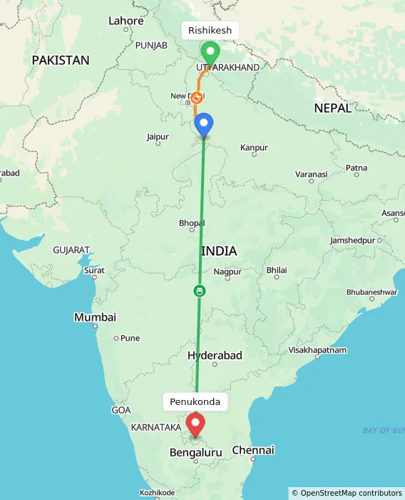 Route map showing distance and travel time from Rishikesh, India to Penukonda, India