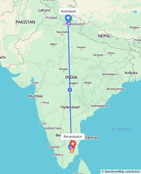 Route map showing distance and travel time from Rishikesh, India to Perambalur, India