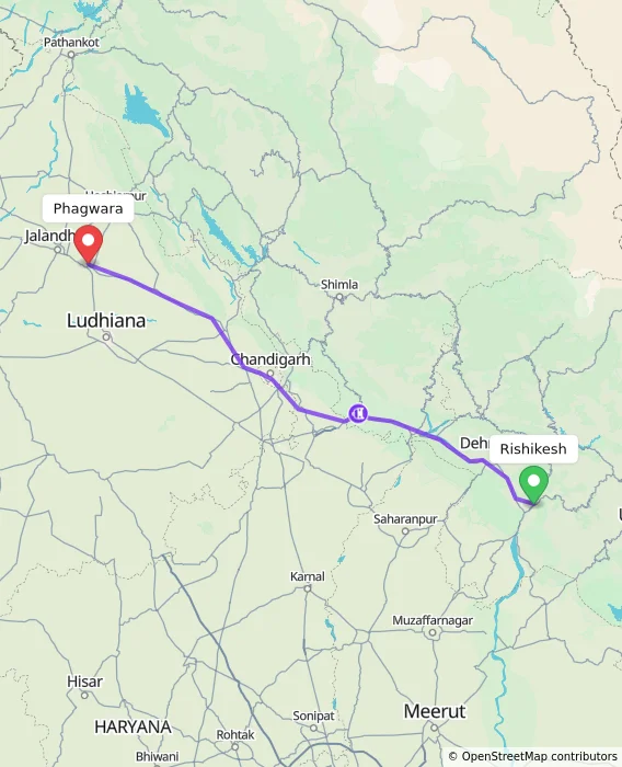 Route map showing distance and travel time from Rishikesh, India to Phagwara, India
