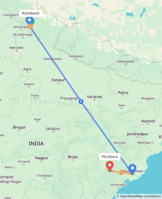 Route map showing distance and travel time from Rishikesh, India to Phulbani, India