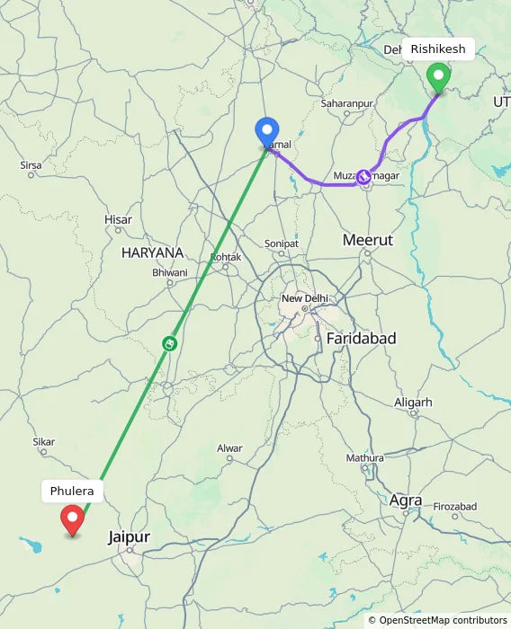 Route map showing distance and travel time from Rishikesh, India to Phulera, India
