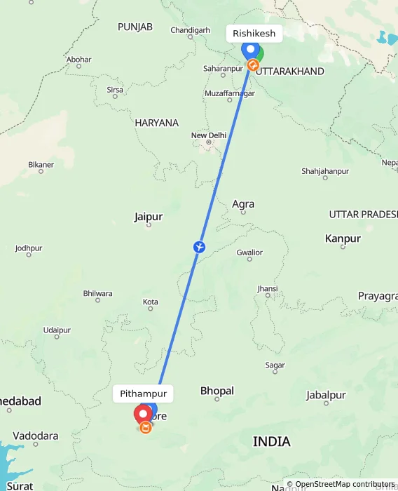 Route map showing distance and travel time from Rishikesh, India to Pithampur, India