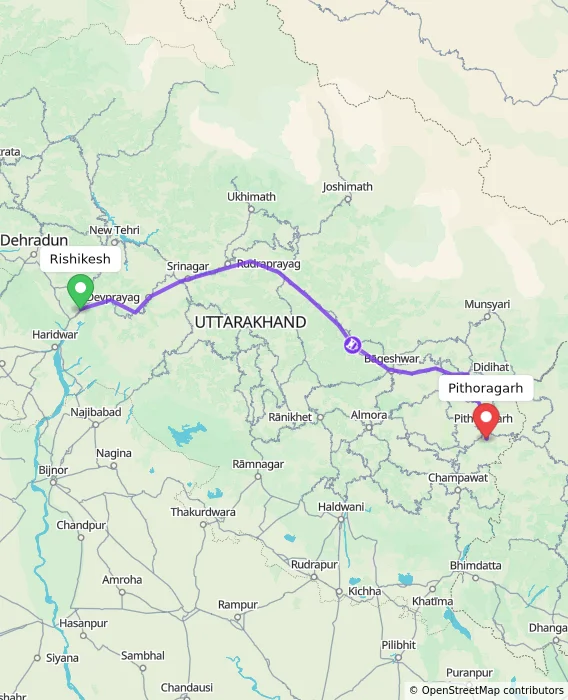 Route map showing distance and travel time from Rishikesh, India to Pithoragarh, India