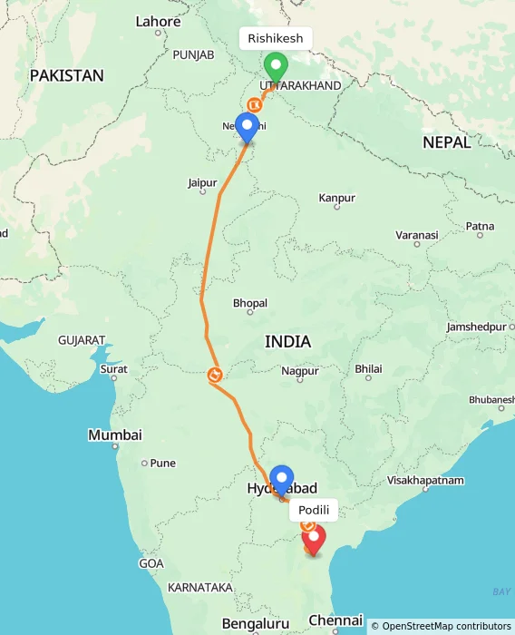 Route map showing distance and travel time from Rishikesh, India to Podili, India