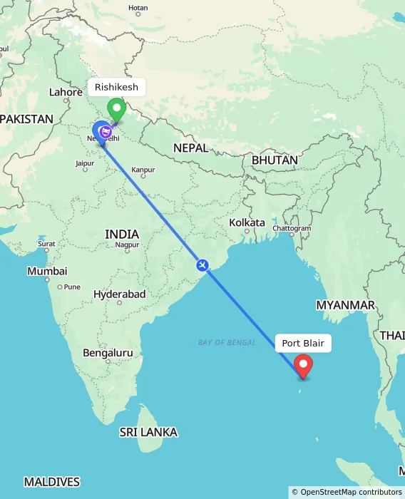 Route map showing distance and travel time from Rishikesh, India to Port Blair, India