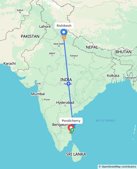 Route map showing distance and travel time from Rishikesh, India to Puducherry, India