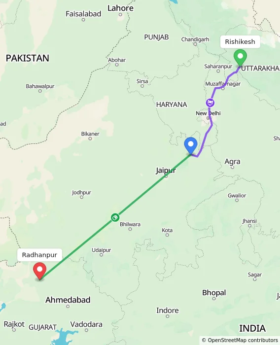 Route map showing distance and travel time from Rishikesh, India to Radhanpur, India